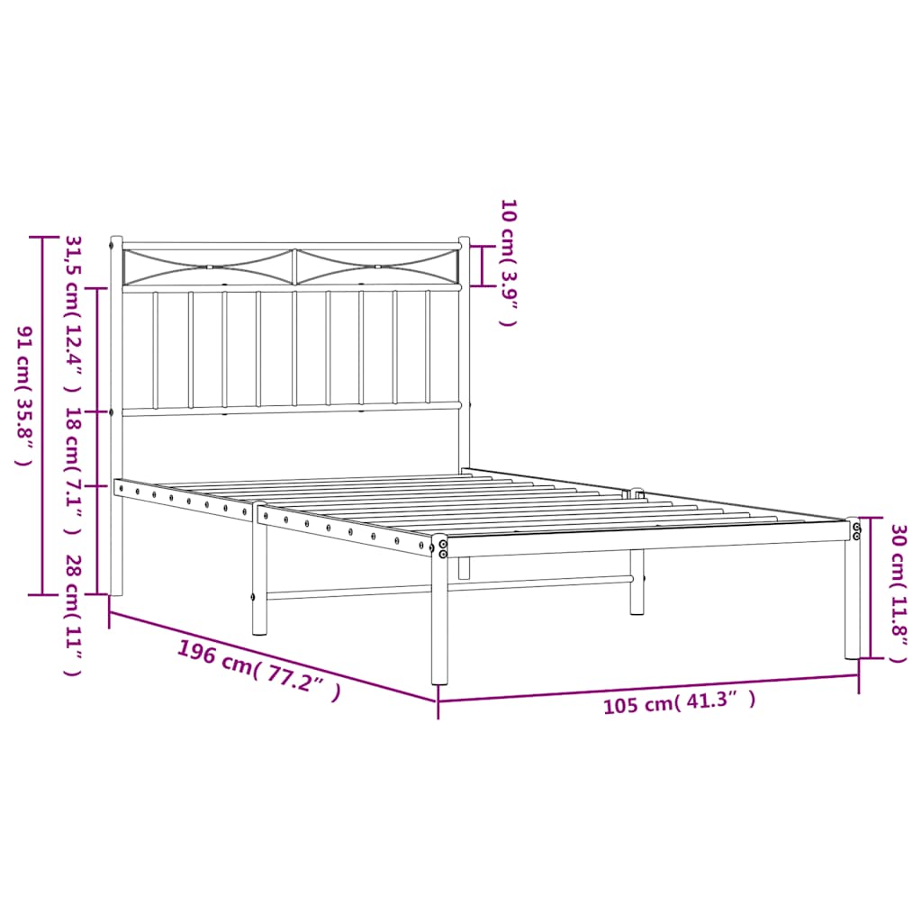 Metalni okvir za krevet s uzglavljem crni 100x190 cm