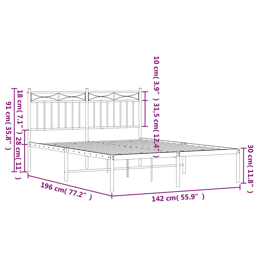 Metalni okvir za krevet s uzglavljem crni 135x190 cm