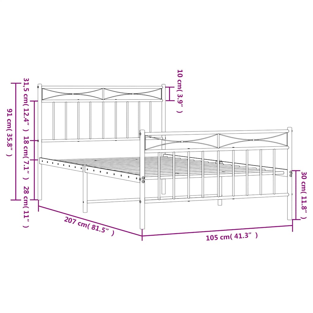 Metalni okvir kreveta uzglavlje i podnožje bijeli 100x200 cm