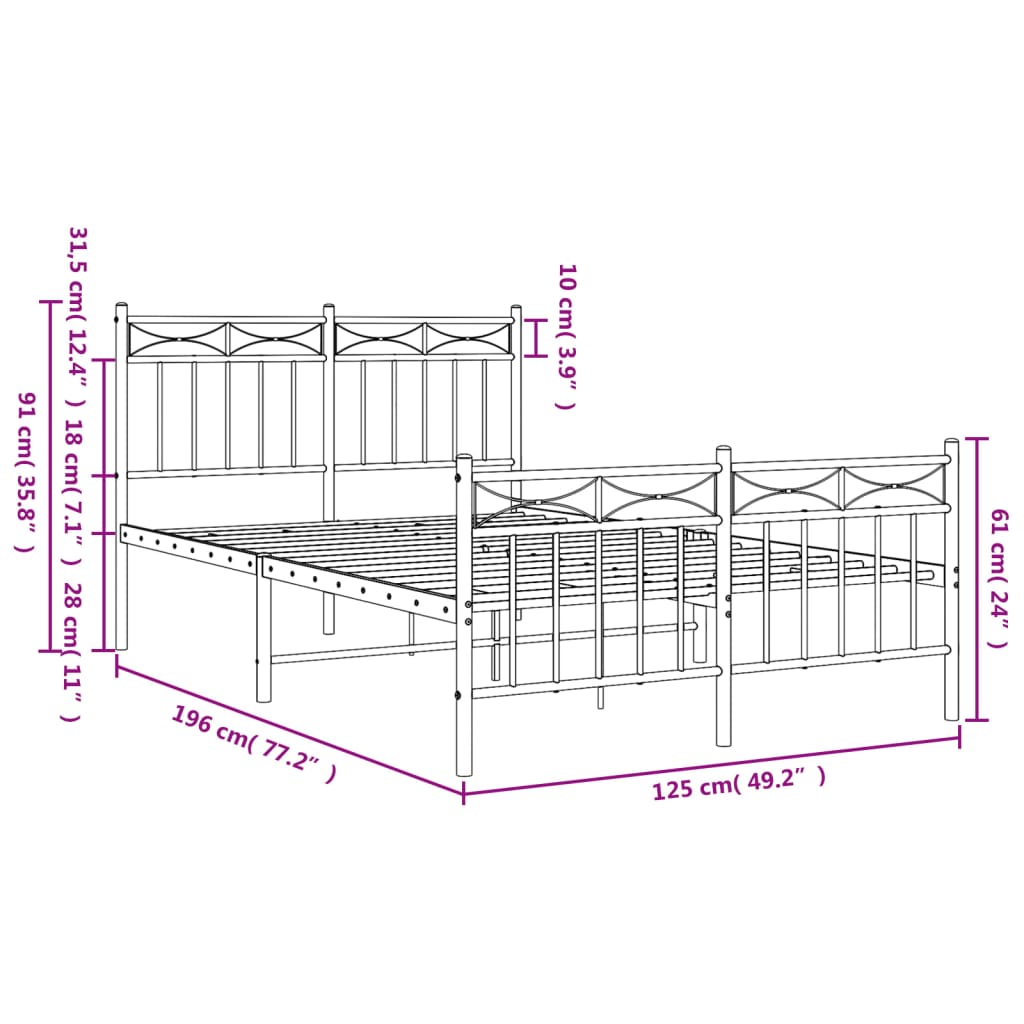 Metalni okvir kreveta uzglavlje i podnožje bijeli 120x190 cm
