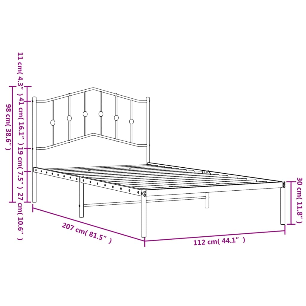 Metalni okvir za krevet s uzglavljem crni 107x203 cm