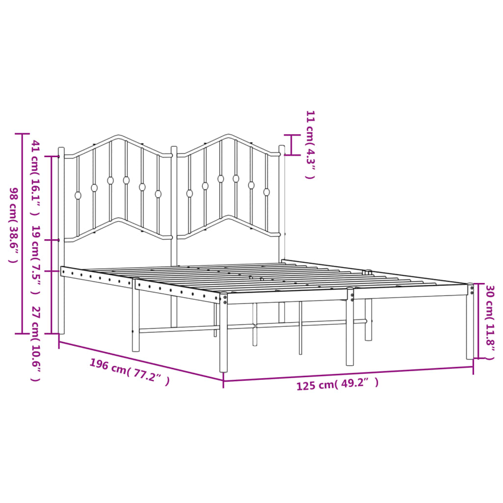 Metalni okvir za krevet s uzglavljem crni 120x190 cm