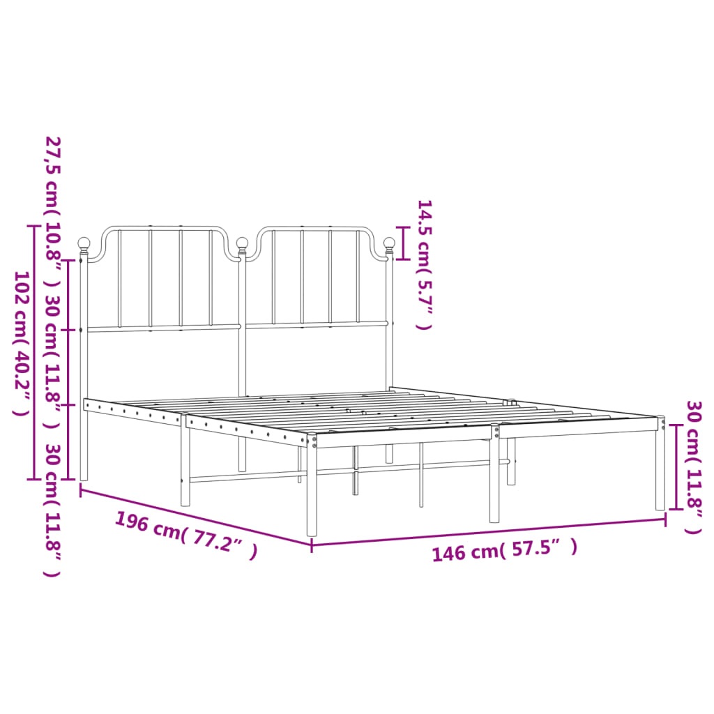 Metalni okvir za krevet s uzglavljem crni 140x190 cm