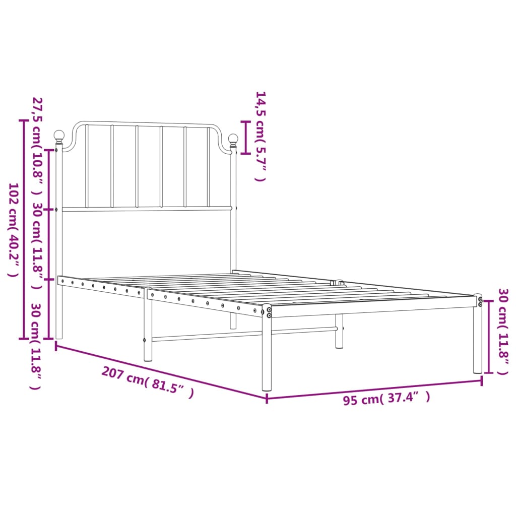 Metalni okvir za krevet s uzglavljem bijeli 90x200 cm