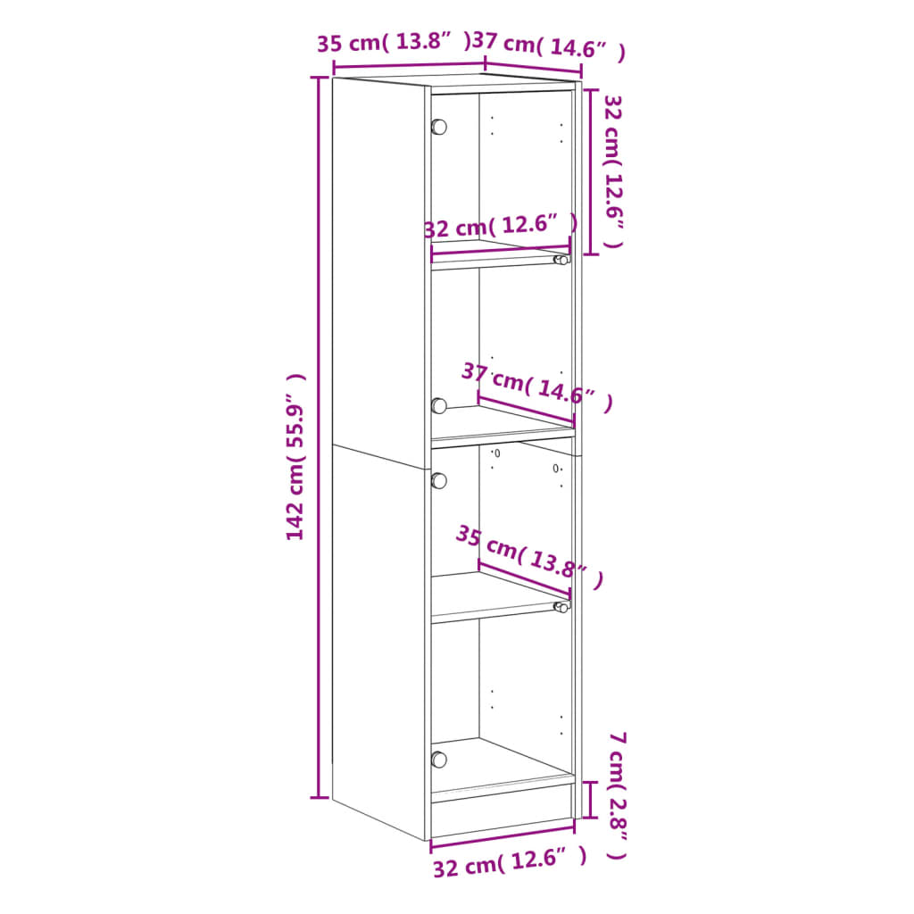 Visoka komoda sa staklenim vratima boja hrasta 35 x 37 x 142 cm