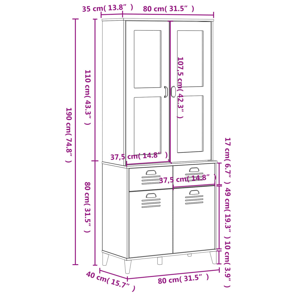 Visoka komoda VIKEN antracit siva 80x40x190 cm masivna borovina