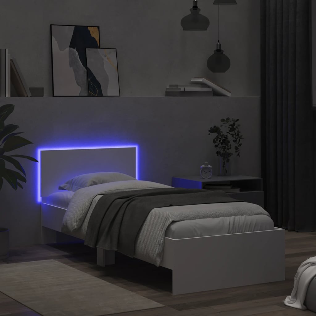 Okvir za krevet s uzglavljem i LED svjetlima bijeli 90x200 cm