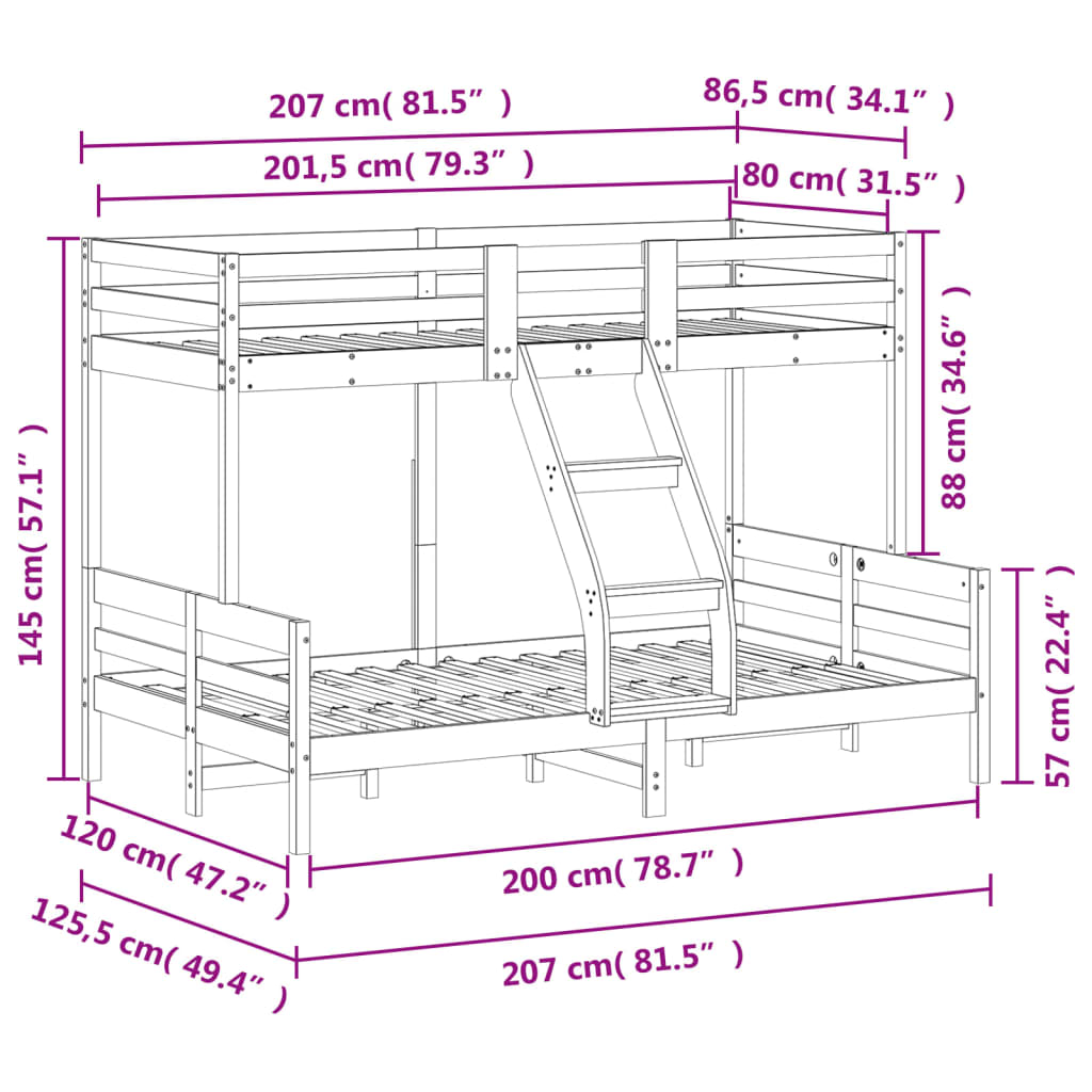 Krevet na kat 80x200/120x200 cm od masivne borovine