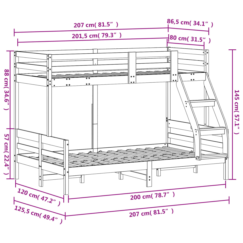 Krevet na kat 80x200/120x200 cm od masivne borovine