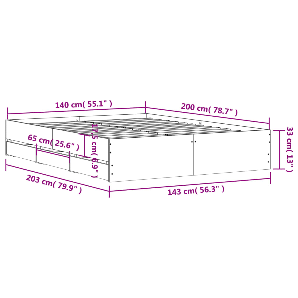 Okvir kreveta s ladicama crni 140 x 200 cm konstruirano drvo