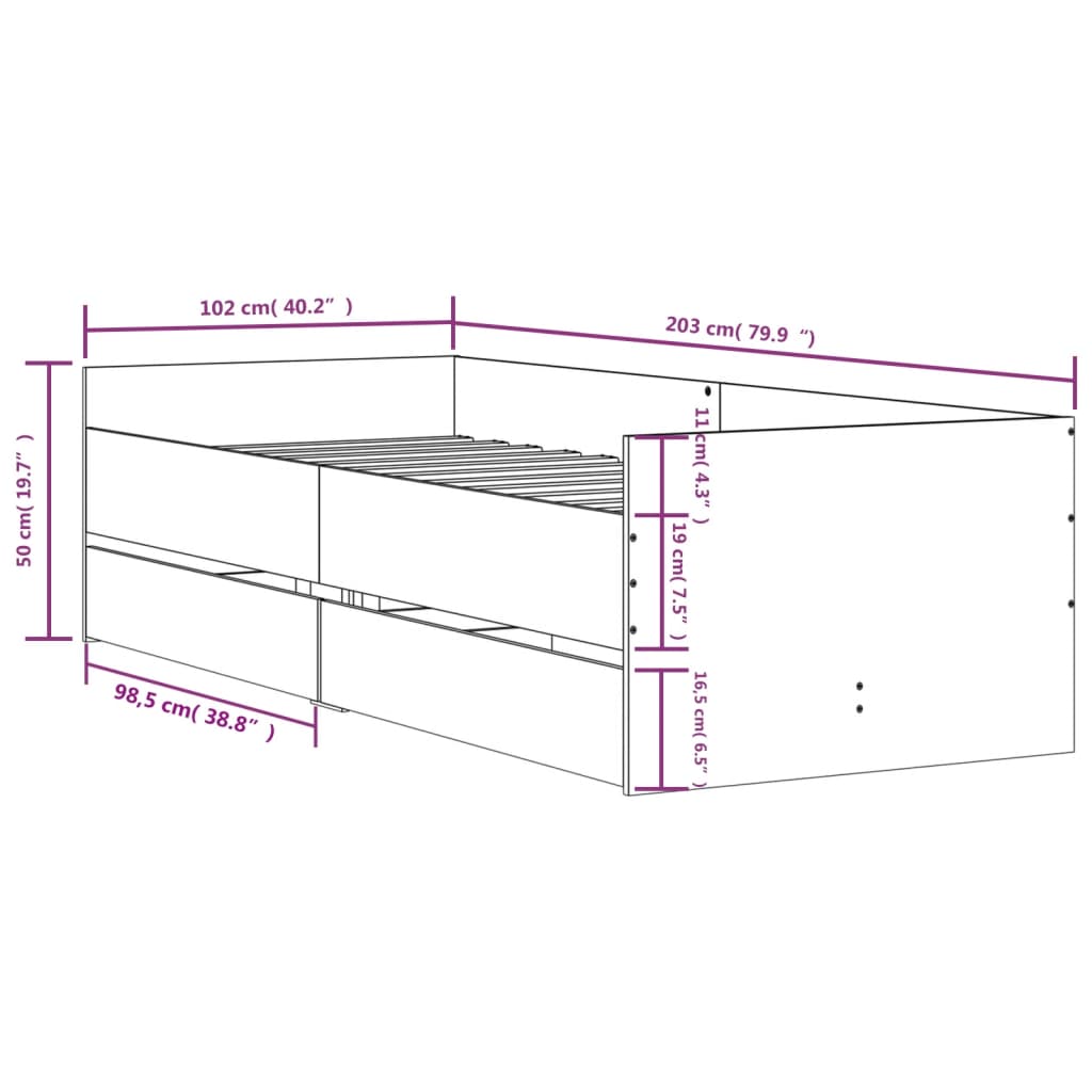 Okvir kreveta s ladicama boja dimljenog hrasta 100 x 200 cm