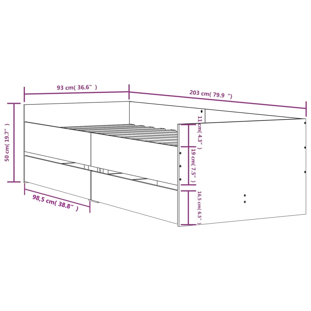 Okvir kreveta s ladicama boja hrasta 90x200 cm