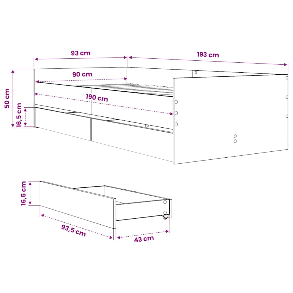 Okvir kreveta s ladicama crni 90 x 190 cm
