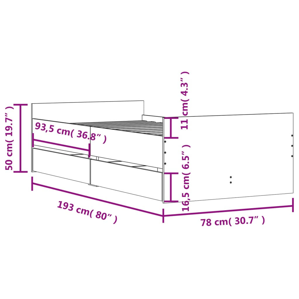 Okvir kreveta s ladicama boja hrasta 75 x 190 cm za jednu osobu