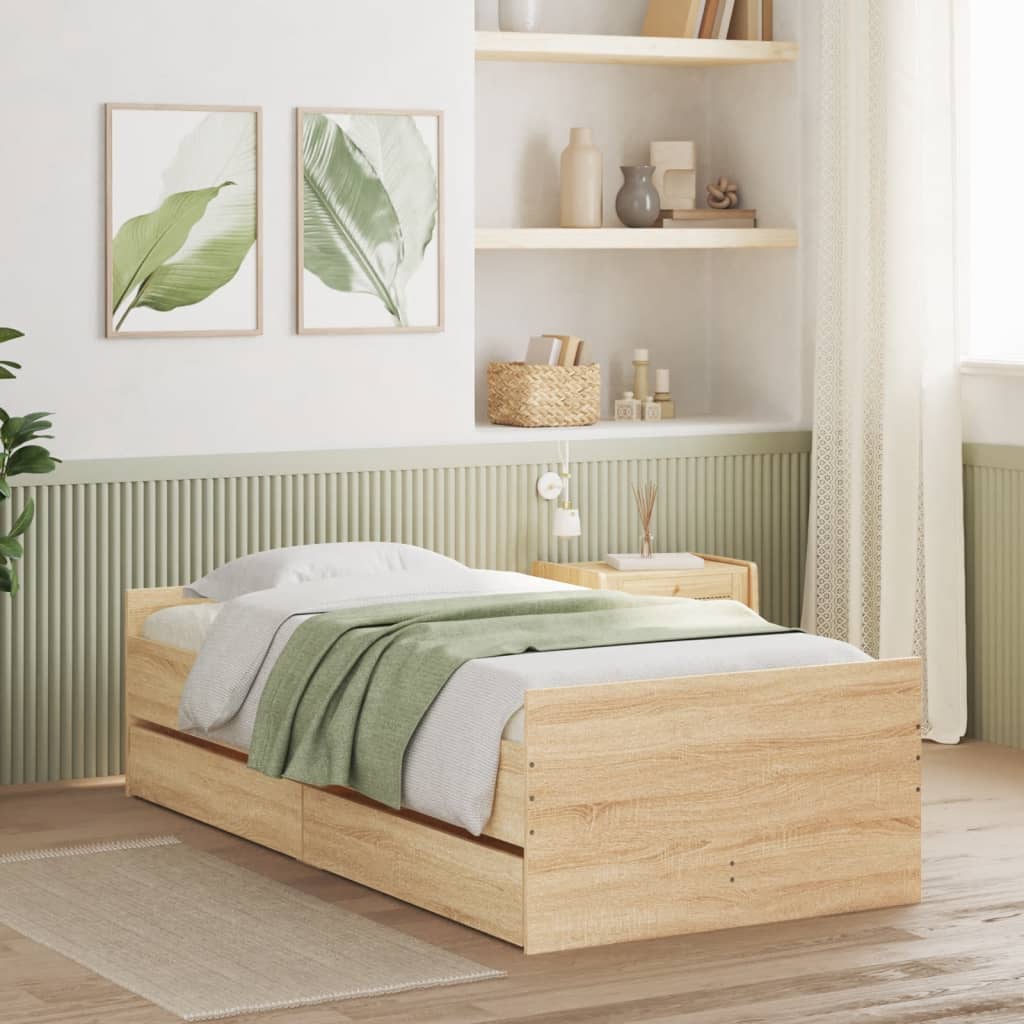 Okvir kreveta s ladicama boja hrasta 75 x 190 cm za jednu osobu