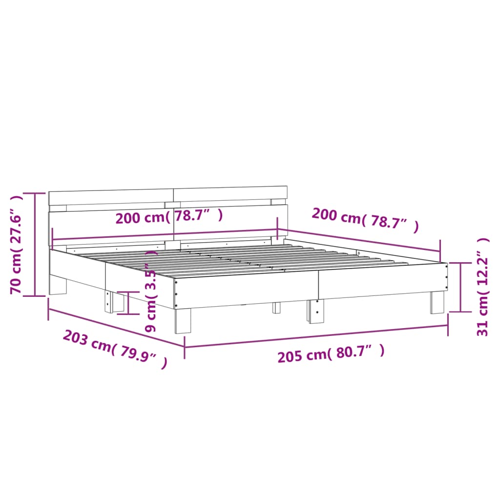 Okvir kreveta s uzglavljem i LED svjetlima bijeli 200 x 200 cm