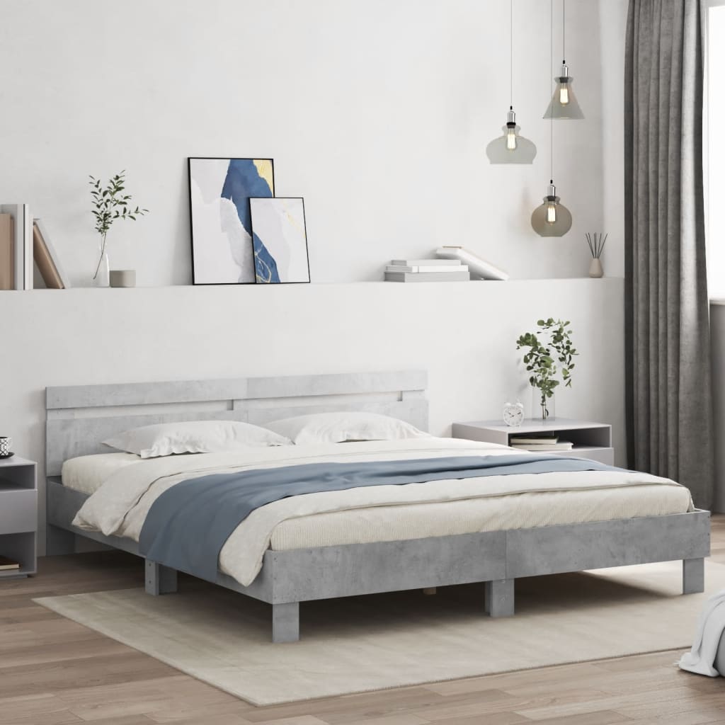 Okvir za krevet s uzglavljem i LED siva boja betona 200x200 cm