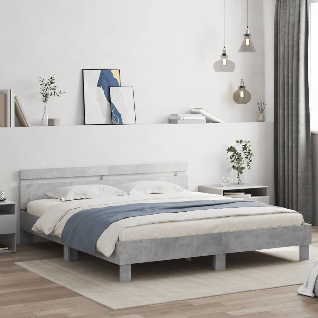 Okvir za krevet s uzglavljem i LED siva boja betona 180x200 cm