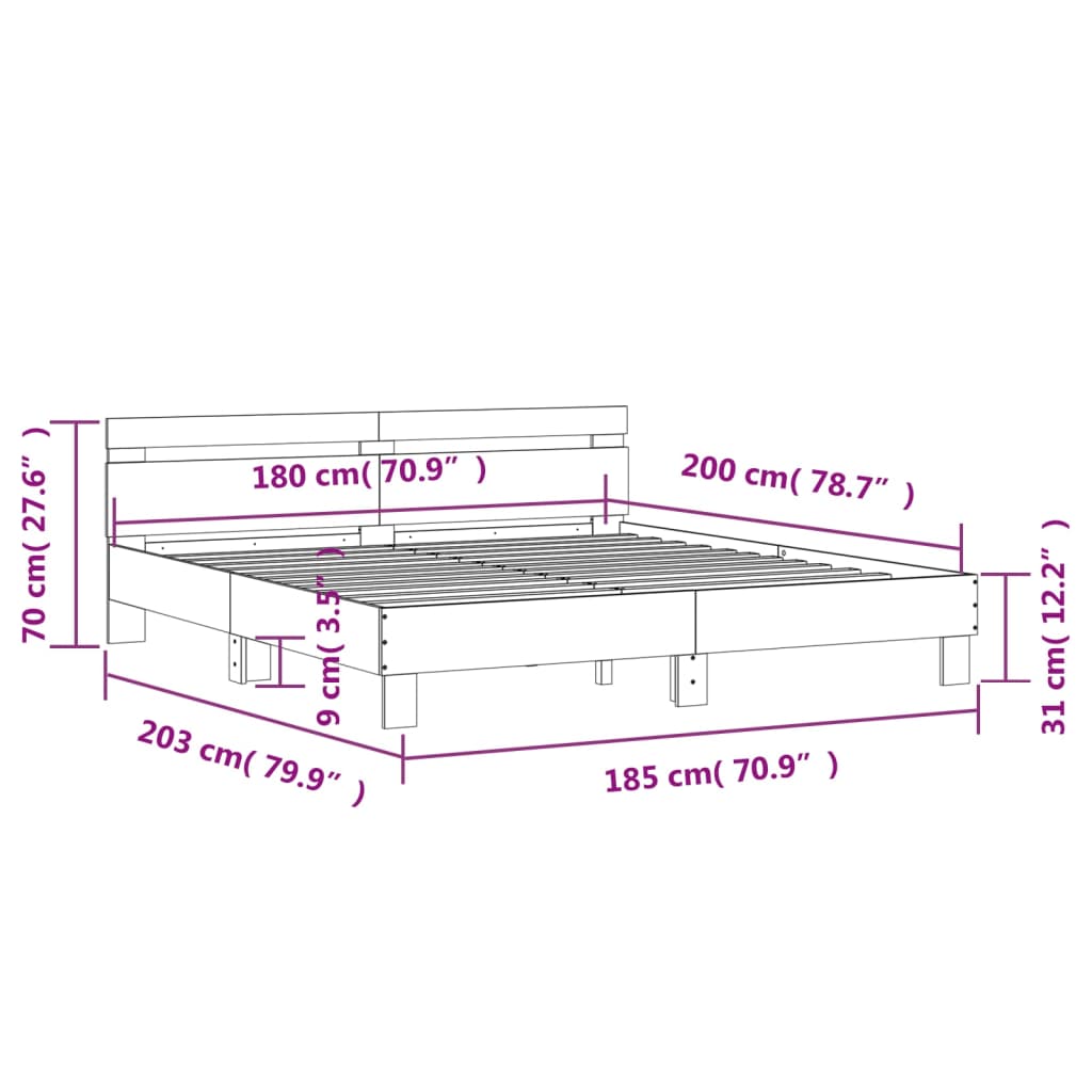 Okvir za krevet s uzglavljem i LED boja smeđeg hrasta 180x200cm