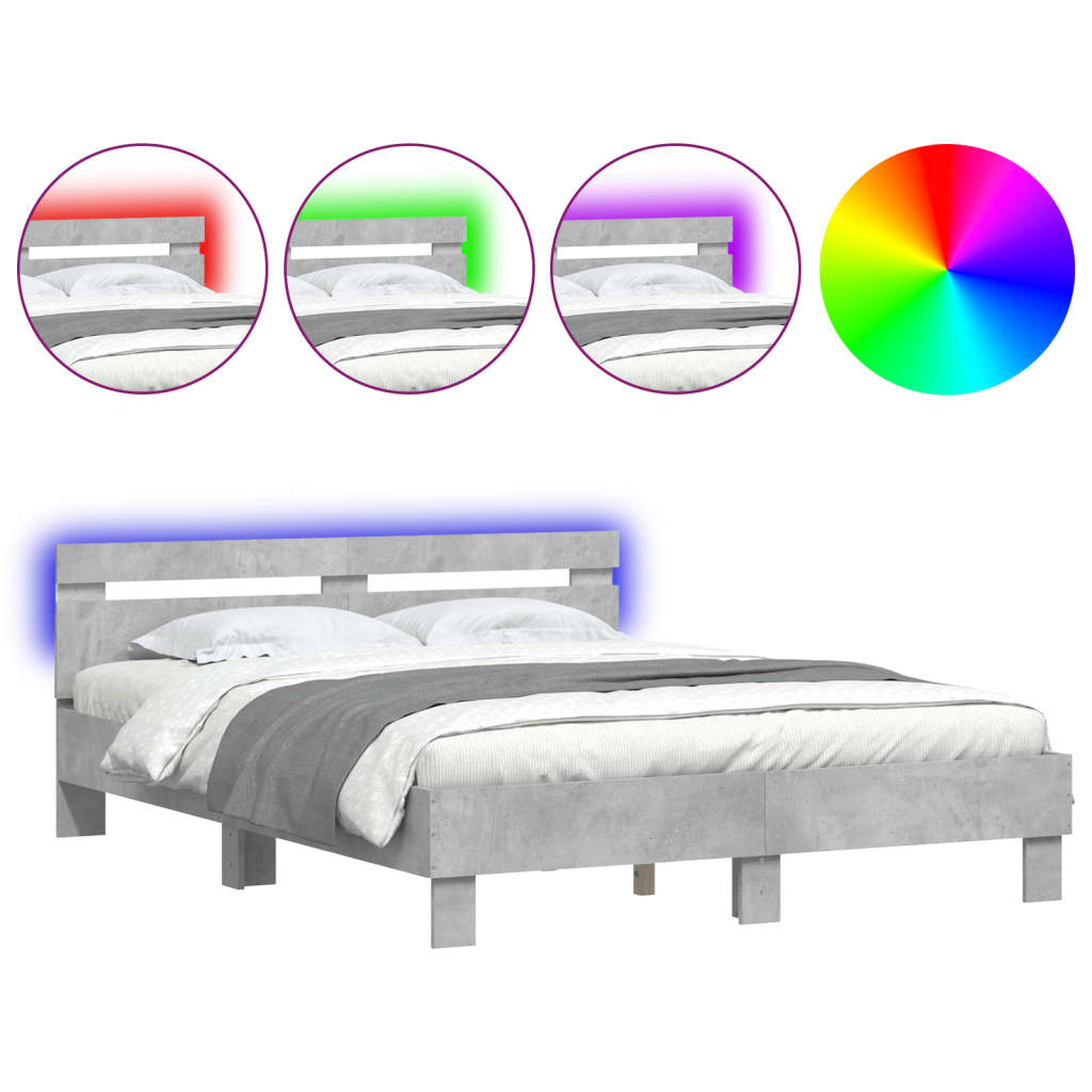 Okvir za krevet s uzglavljem i LED siva boja betona 150x200 cm