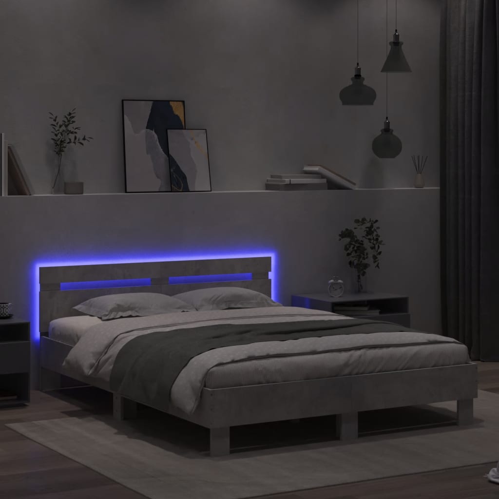 Okvir za krevet s uzglavljem i LED siva boja betona 150x200 cm