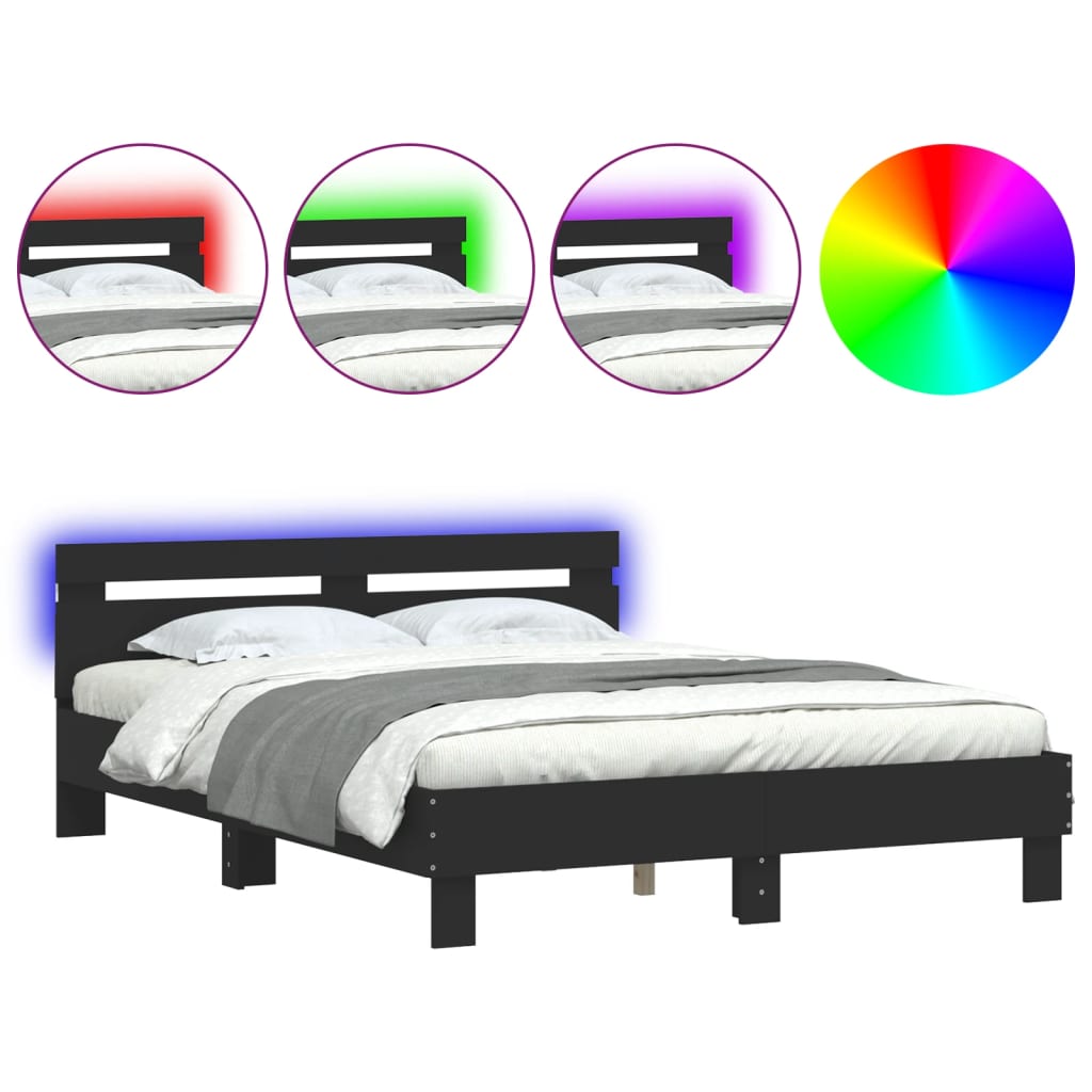 Okvir za krevet s uzglavljem i LED crni 140 x 200 cm