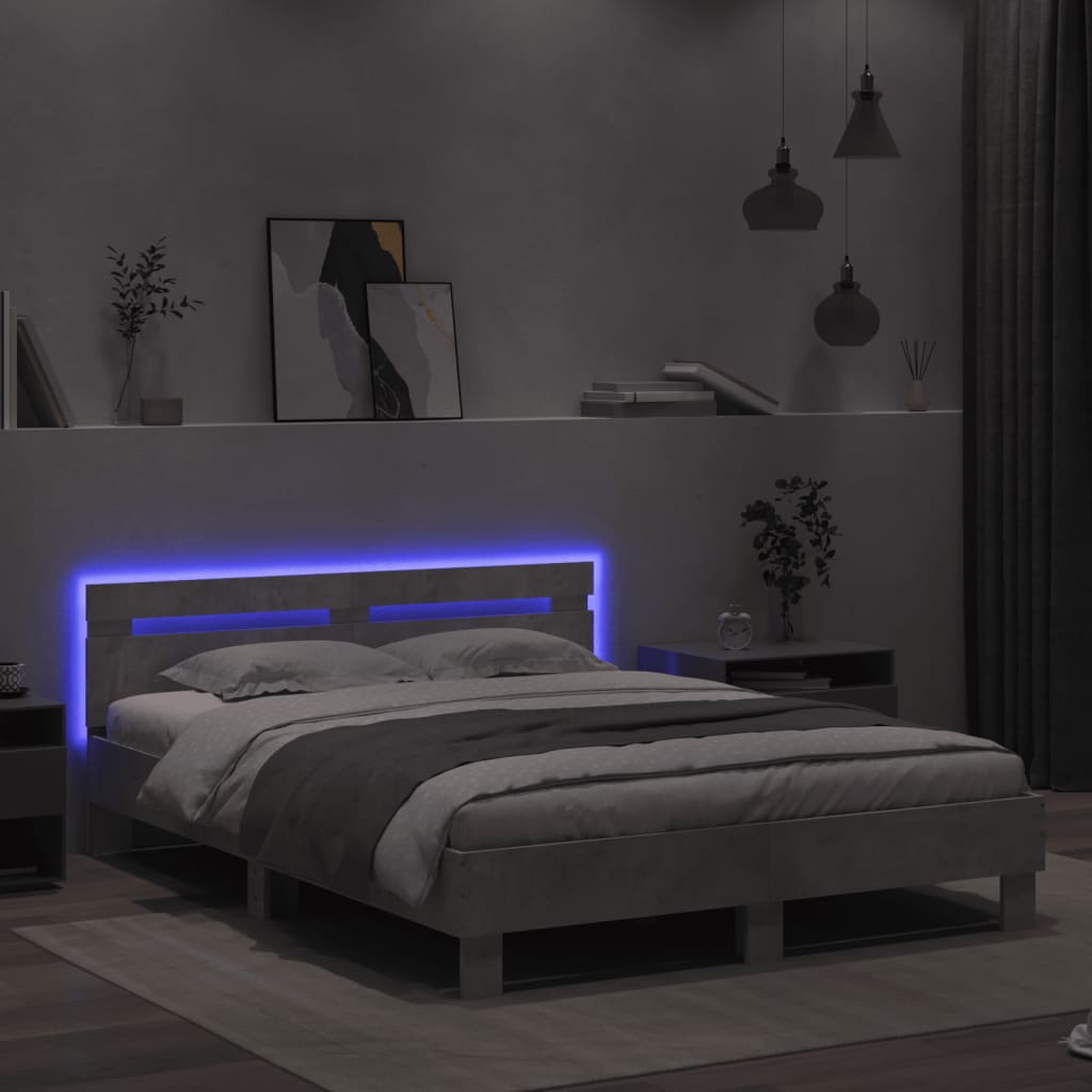 Okvir za krevet s uzglavljem i LED siva boja betona 140x200 cm
