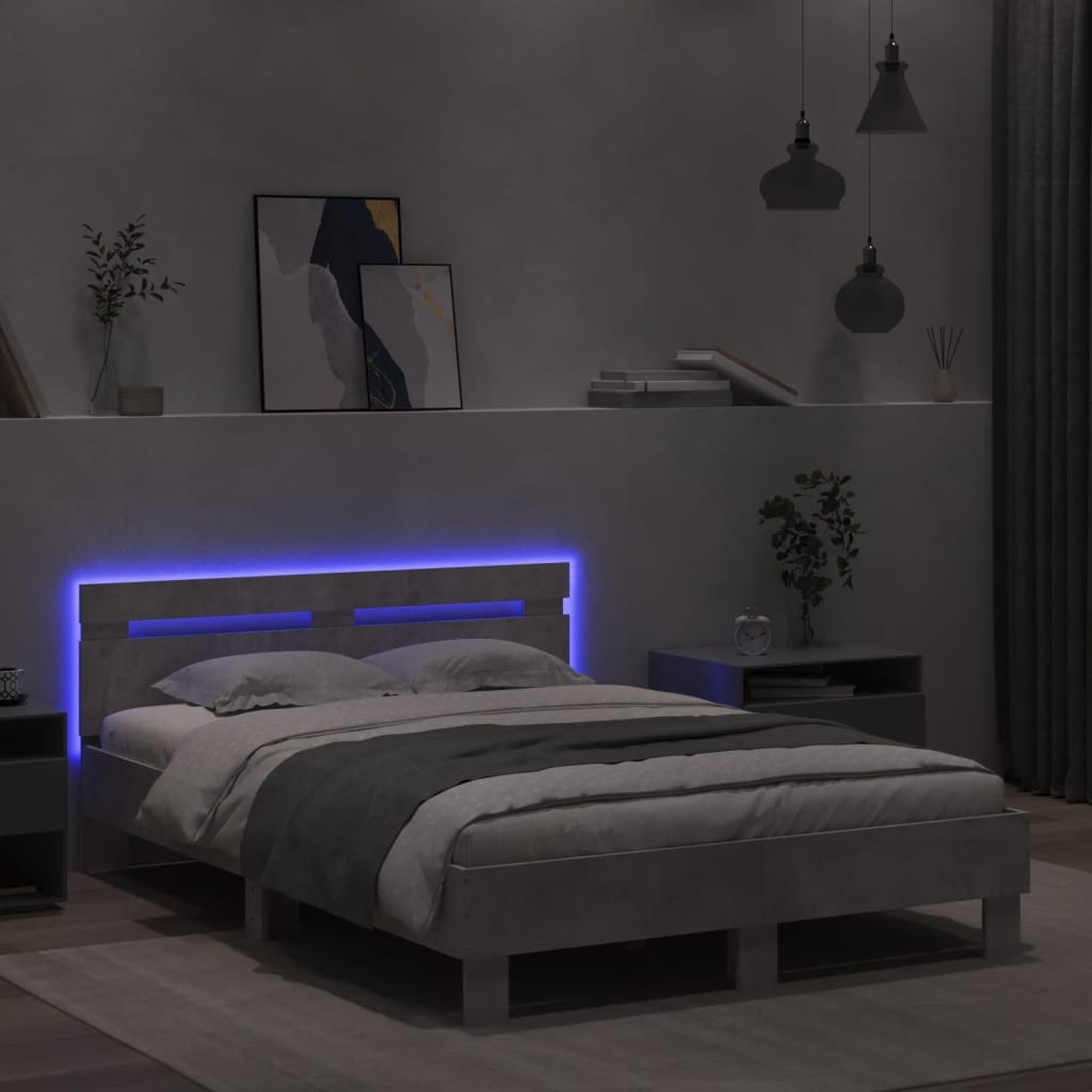 Okvir za krevet s uzglavljem i LED siva boja betona 120x200 cm