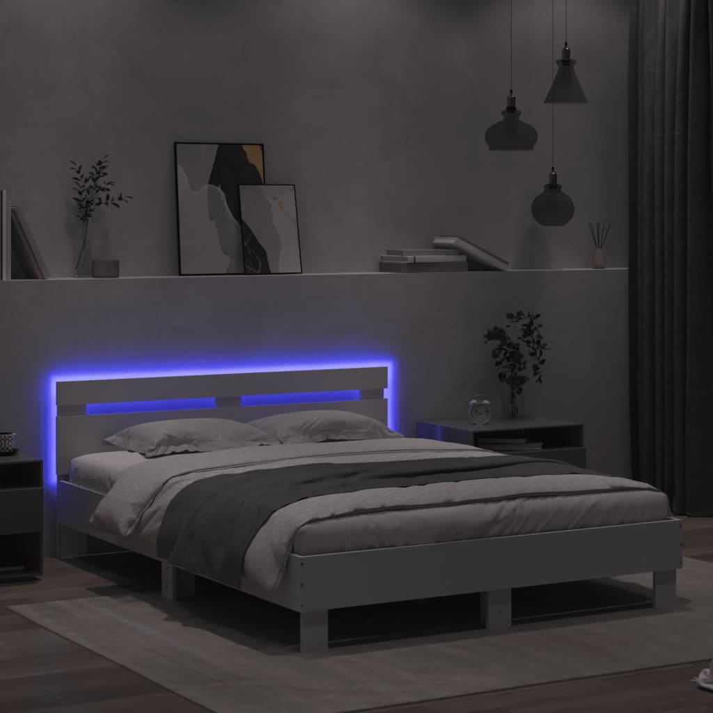 Okvir kreveta s uzglavljem i LED svjetlima bijeli 140 x 190 cm