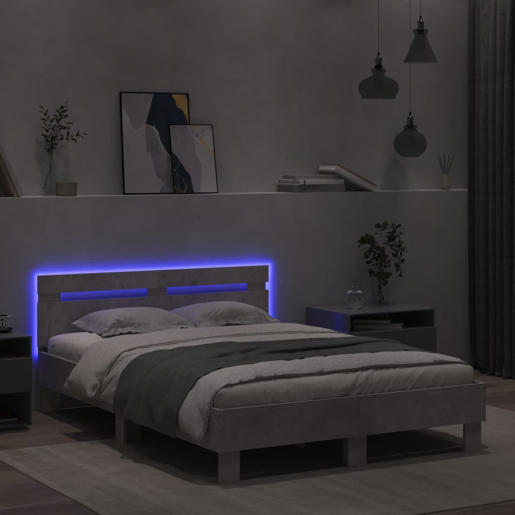 Okvir kreveta s uzglavljem LED siva boja betona 135 x 190 cm