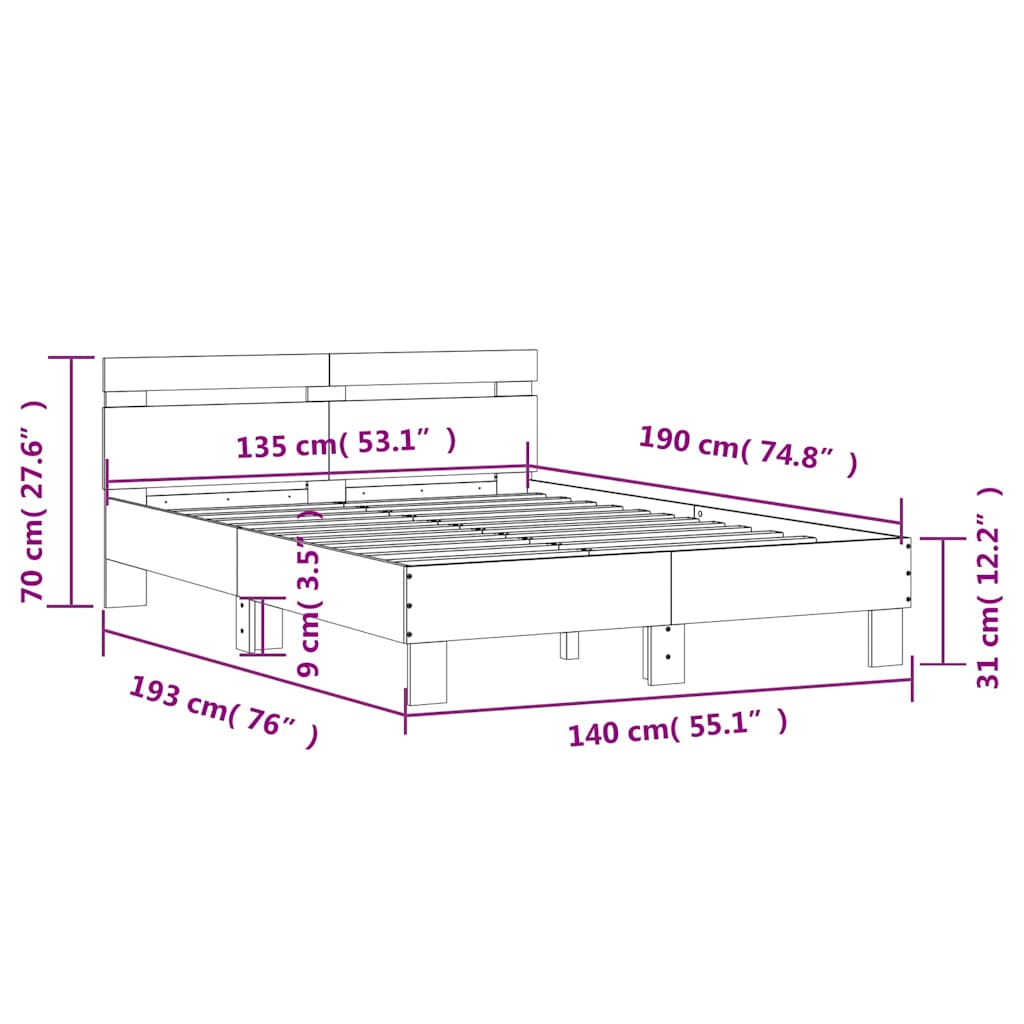 Okvir kreveta s uzglavljem LED smeđa boja hrasta 135 x 190 cm