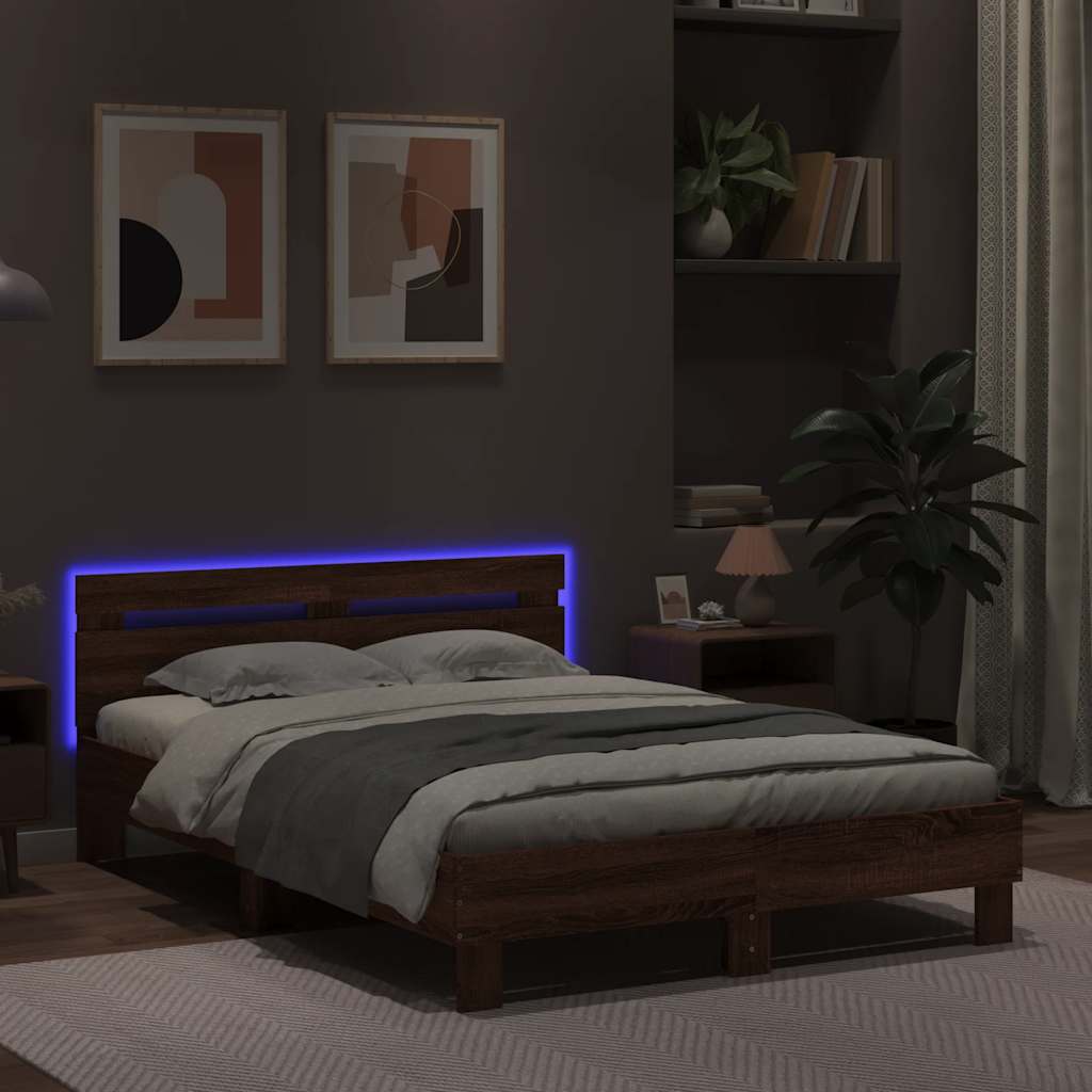 Okvir kreveta s uzglavljem LED smeđa boja hrasta 135 x 190 cm