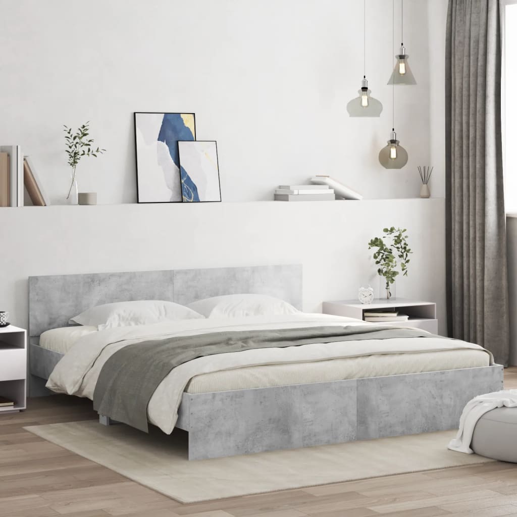 Okvir za krevet s uzglavljem i LED siva boja betona 180x200 cm