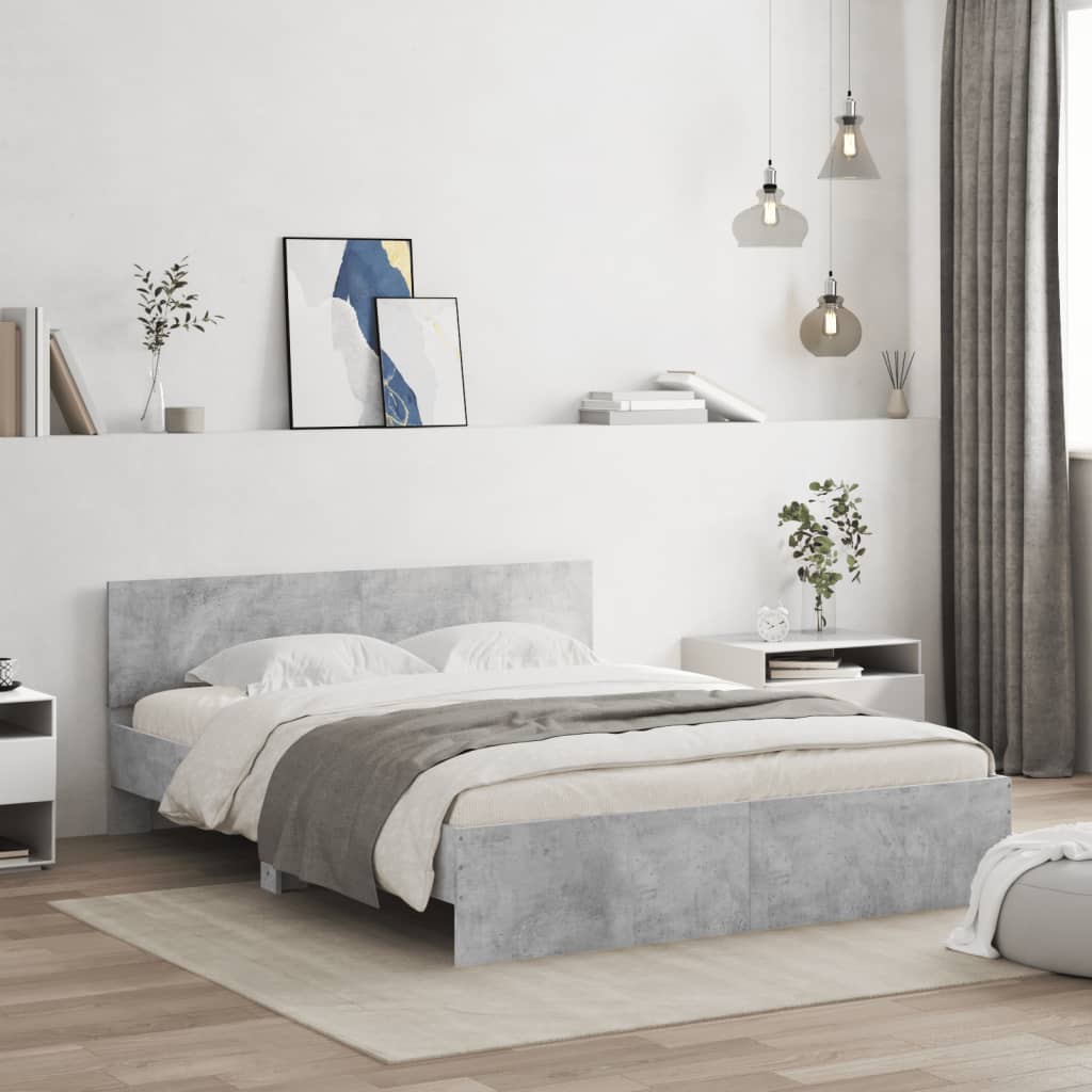 Okvir za krevet s uzglavljem i LED siva boja betona 160x200 cm