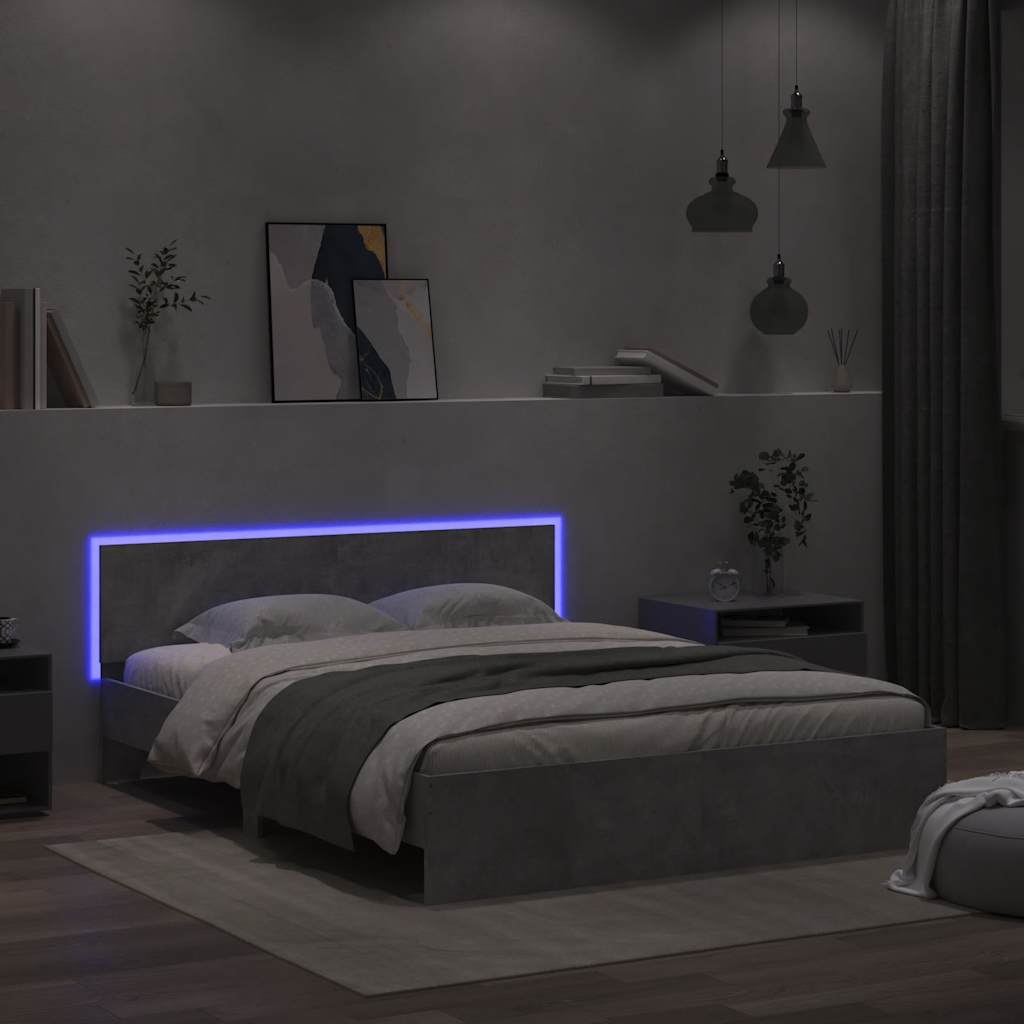 Okvir za krevet s uzglavljem i LED siva boja betona 150x200 cm