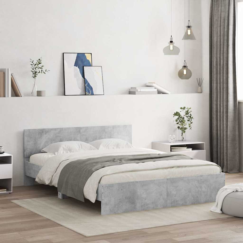 Okvir za krevet s uzglavljem i LED siva boja betona 150x200 cm