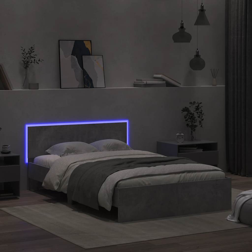 Okvir za krevet s uzglavljem i LED siva boja betona 120x200 cm