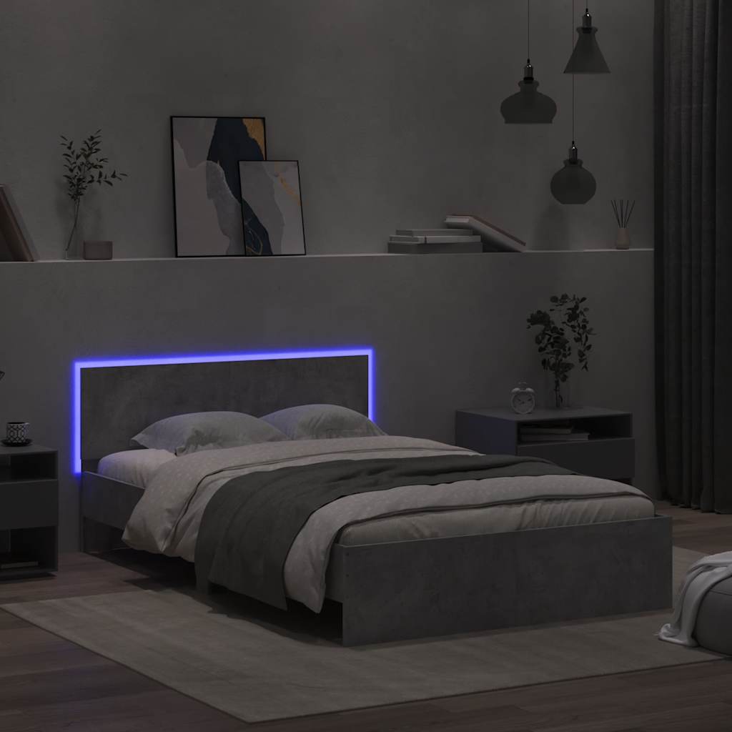 Okvir za krevet s uzglavljem i LED siva boja betona 140x190 cm