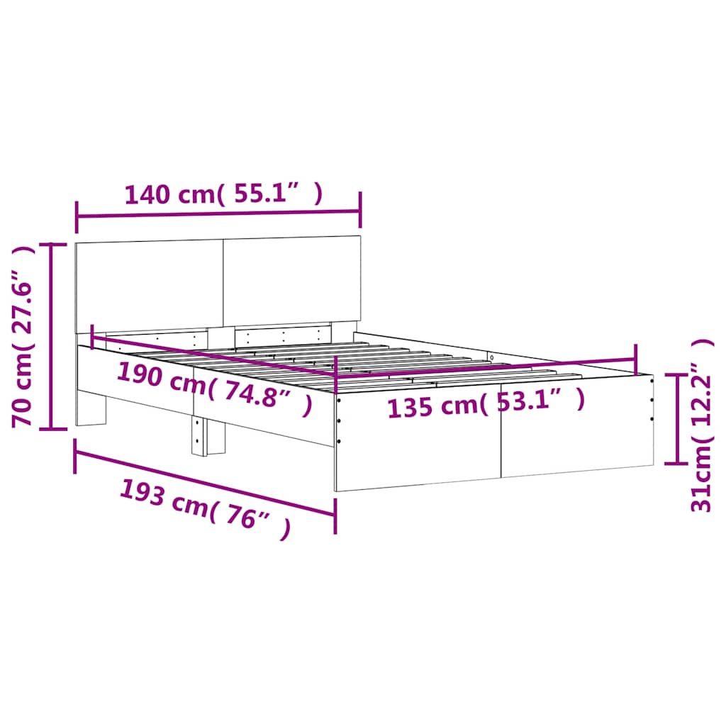 Okvir kreveta s uzglavljem LED siva boja betona 135 x 190 cm