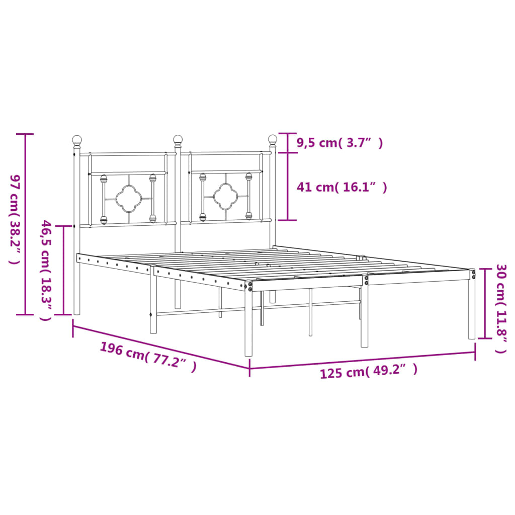 Metalni okvir za krevet s uzglavljem crni 120x190 cm