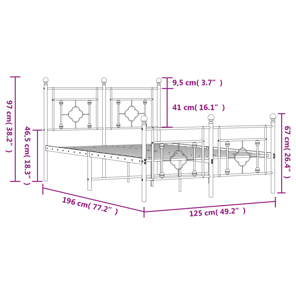 Metalni okvir kreveta uzglavlje i podnožje crni 120x190 cm