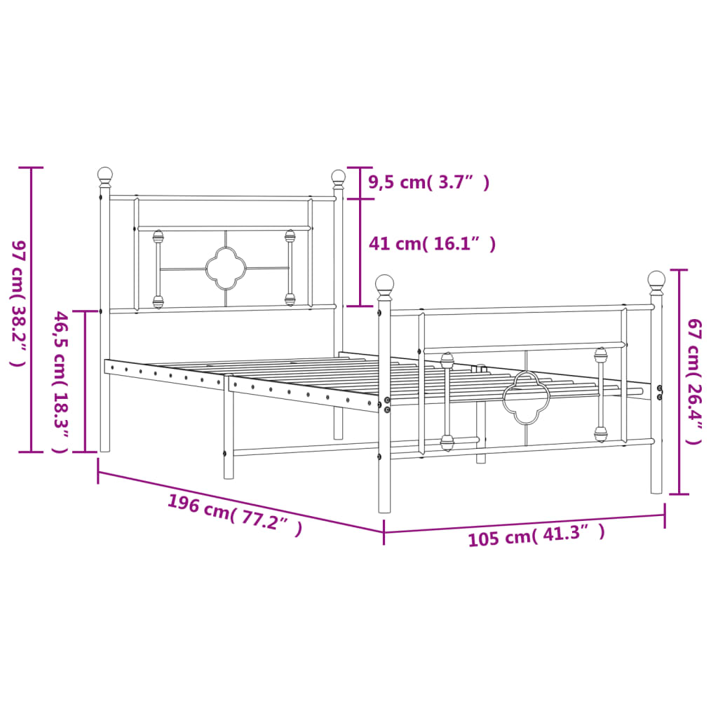 Metalni okvir kreveta uzglavlje i podnožje bijeli 100x190 cm
