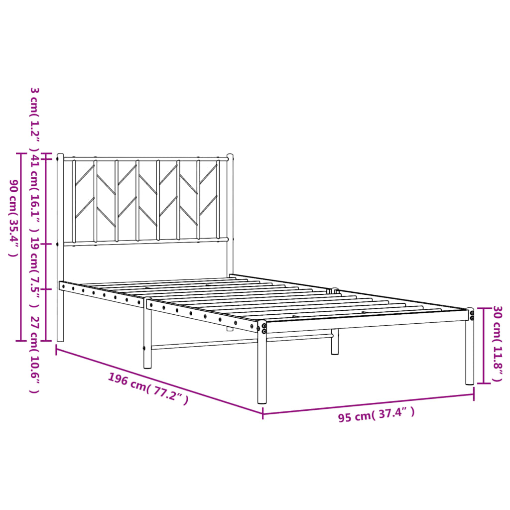 Metalni okvir za krevet s uzglavljem crni 90x190 cm