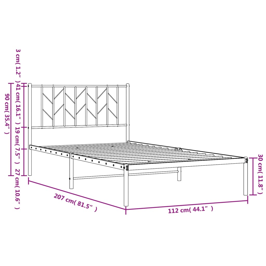 Metalni okvir za krevet s uzglavljem crni 107x203 cm