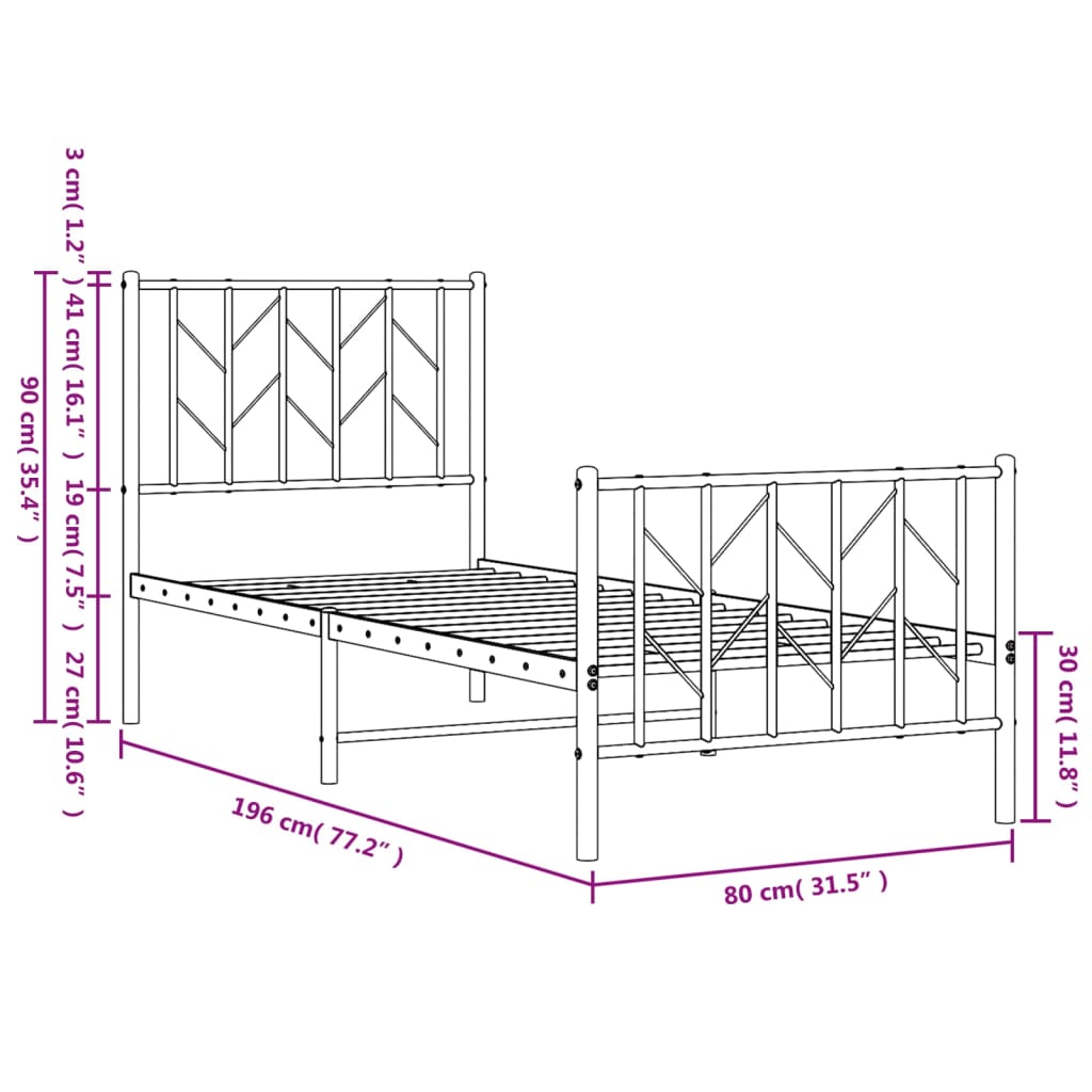 Metalni okvir kreveta uzglavlje i podnožje crni 75x190 cm