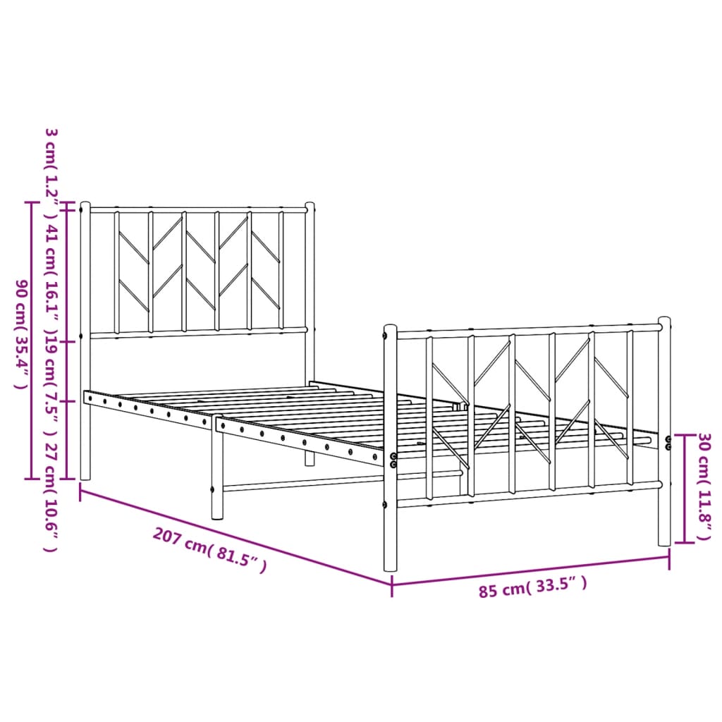 Metalni okvir kreveta s uzglavljem i podnožjem bijeli 80x200 cm