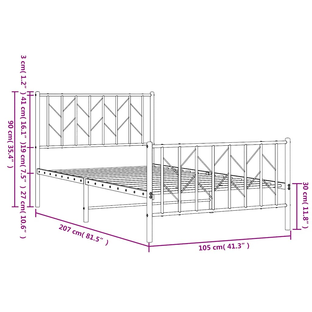 Metalni okvir kreveta s uzglavljem i podnožjem bijeli 100x200cm