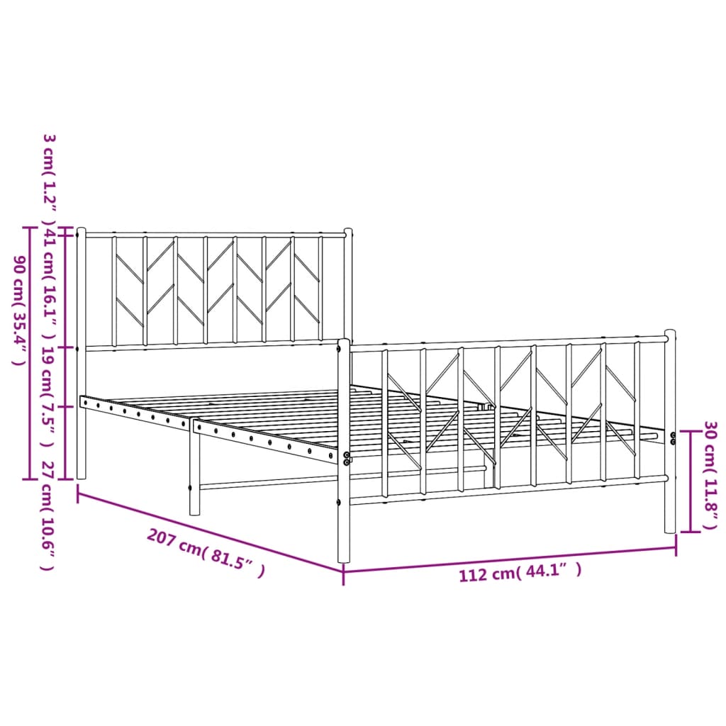 Metalni okvir kreveta uzglavlje i podnožje bijeli 107x203 cm