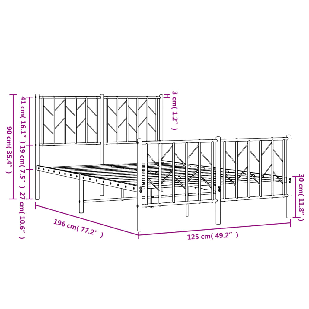 Metalni okvir kreveta uzglavlje i podnožje bijeli 120x190 cm