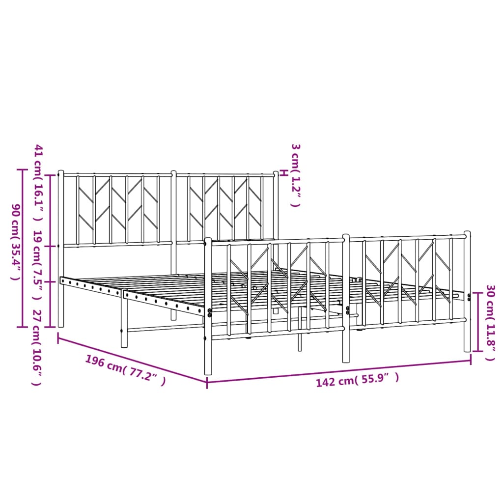 Metalni okvir kreveta uzglavlje i podnožje bijeli 135 x 190 cm